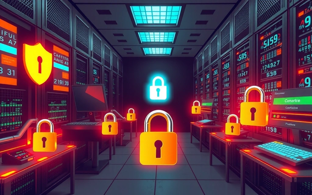 Ilustración de un centro de datos seguro con múltiples capas de protección digital y física.