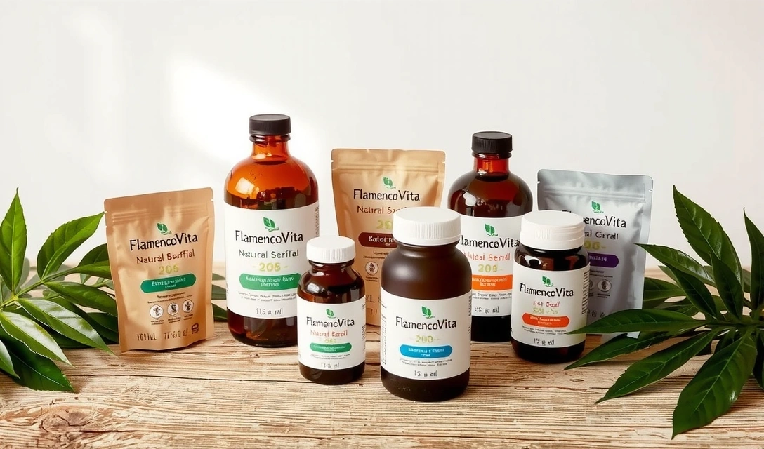 Variedad de productos naturales FlamencoVita en un entorno sereno con hojas verdes