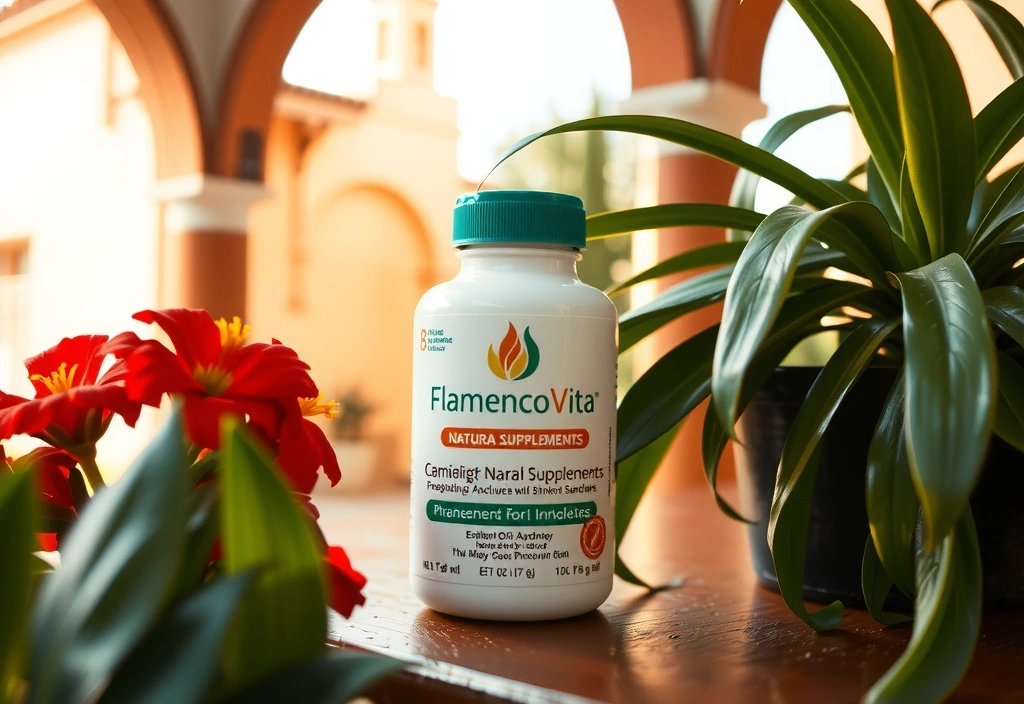 Botella de suplementos naturales de FlamencoVita en un entorno natural andaluz, con luz cálida y elementos botánicos.