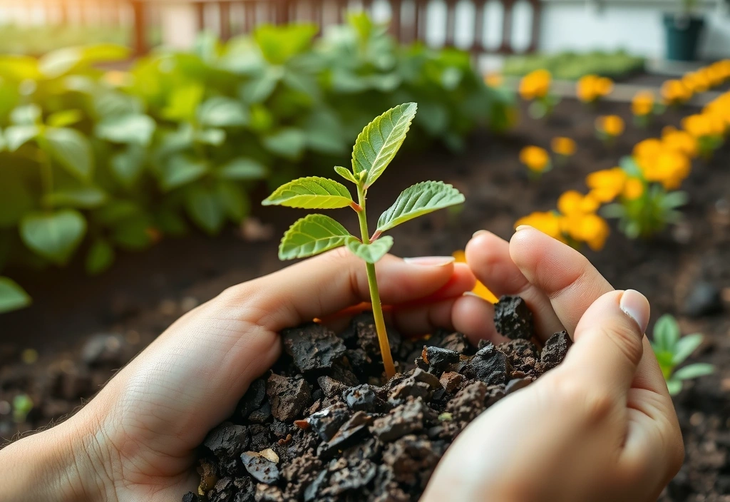 Manos sosteniendo una pequeña planta verde en la tierra, simbolizando crecimiento y naturalidad.